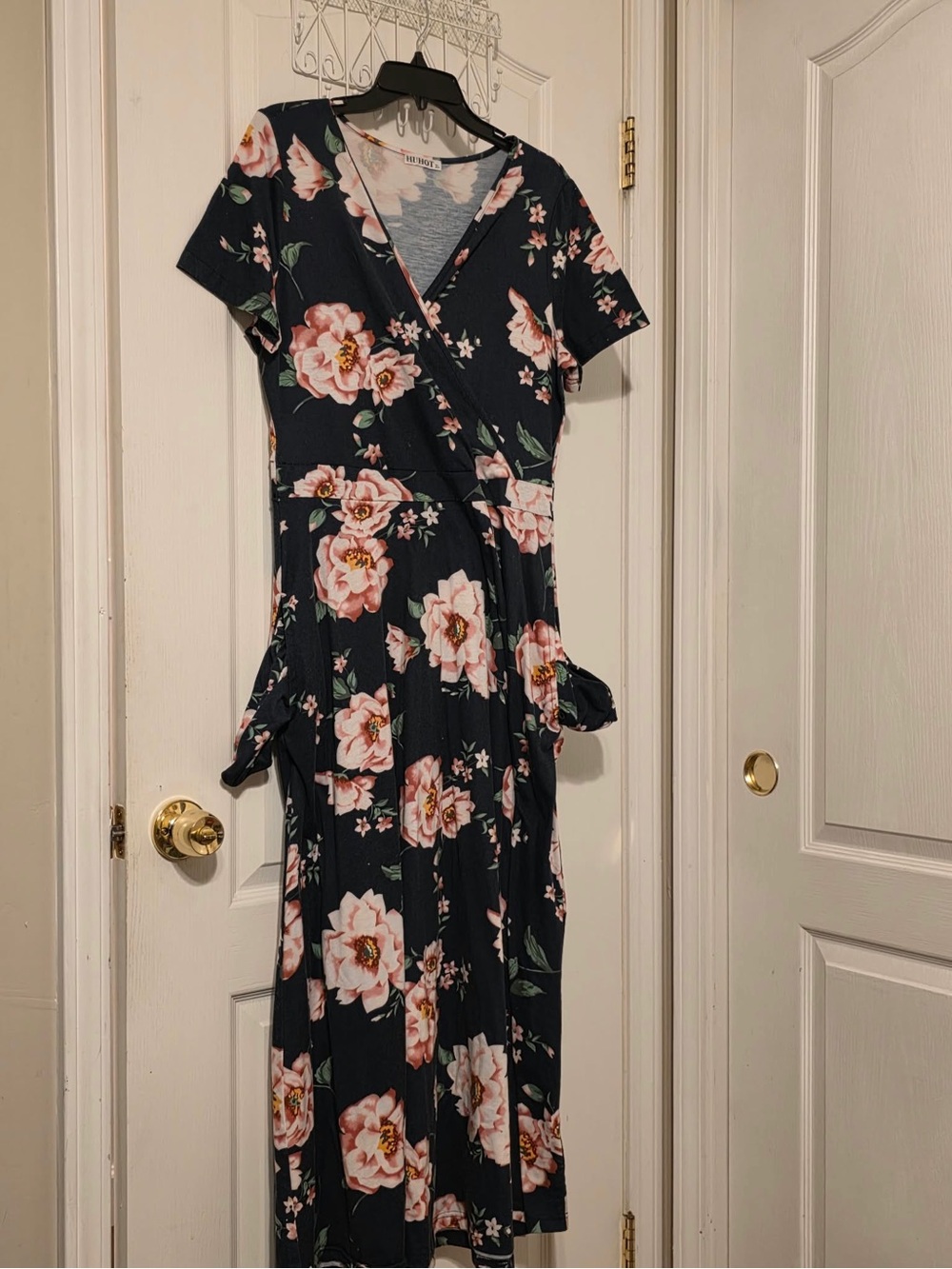 HUHOT XL Black Pink Floral Maxi Dress Wrap V Neck Cottagecore